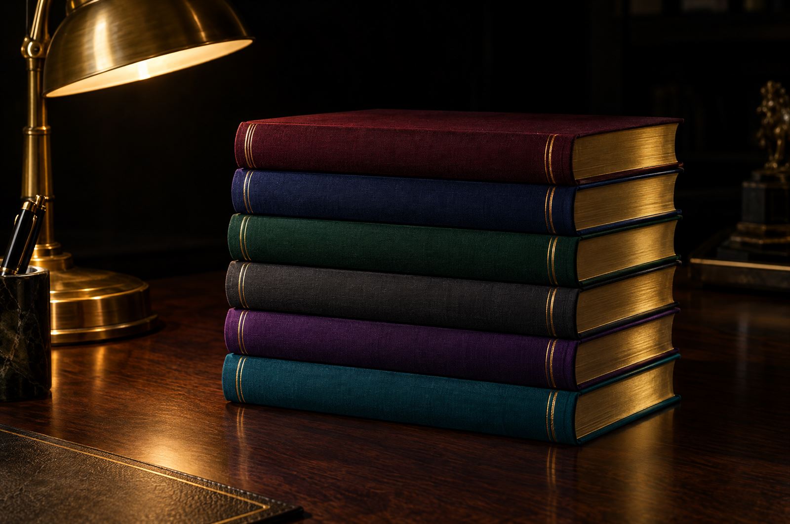 Os seis volumes da coleção Publicash empilhados sobre uma mesa de madeira